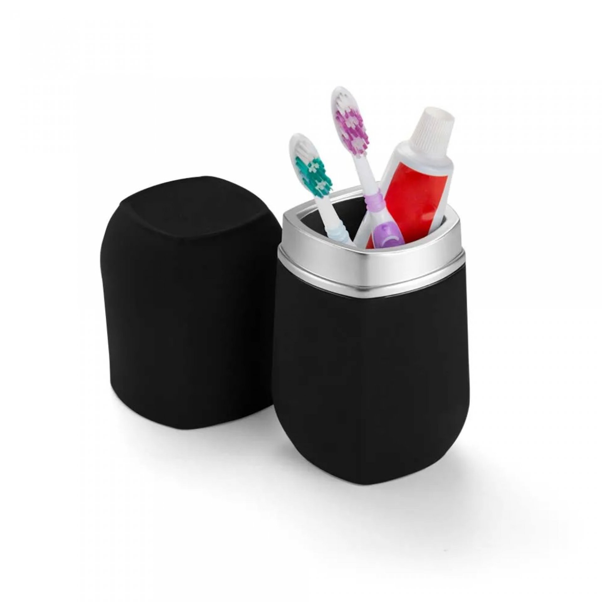 PORTA CEPILLO CON TAPA (NEGRO / PLATEADO)